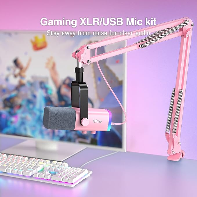 FIFINE AmpliGame AM8TP XLR Gaming Microphone USB PC Dynamic Mic Kit | Streaming RGB Mic with Headphone Jack, Mute Button, Boom Arm Stand for Computer/Mixer, for Vocal, Recording, Podcast, Pink - Image 2