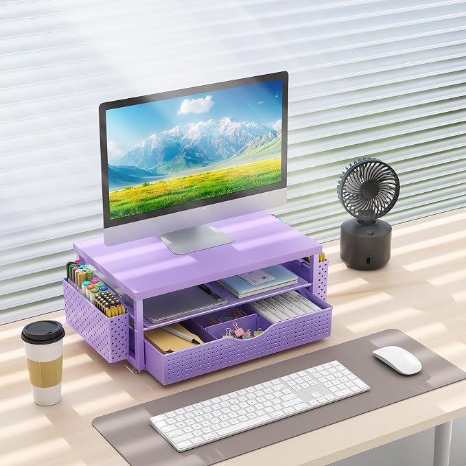 gianotter Desk Organizers and Accessories, Monitor Stand with Drawer and 2 Pen Holder, Desktop Organizer Suitable for Offices and Dormitories (Purple-Plain) - Image 4