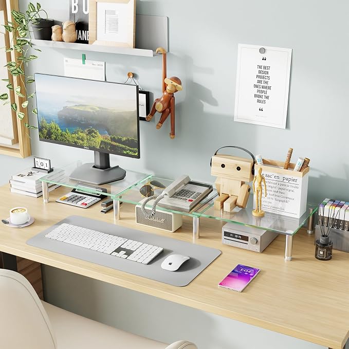 Simple Trending Glass Dual Monitor Stand, Adjustable Length/Height, Clear | 41.5"L x 9.5"W x 5"H, height 3.5"-5", length 28.37"-41.5". Hold 260 lbs. Stainless steel feet. Tempered glass. Easy assembly - Image 6