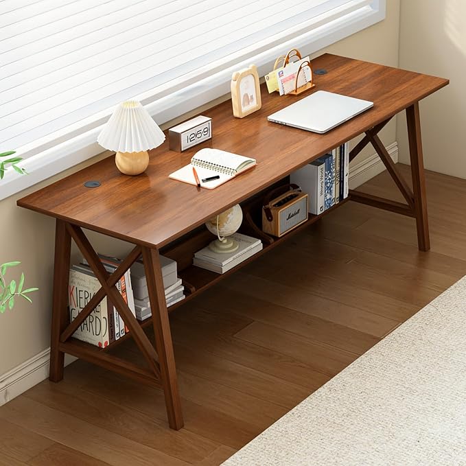NELYE Extra Long Writing Desk with Bookshelf, 63" Wx20 Dx30 H, Walnut | Wooden Home Office Work Study Table, Computer Gaming Workstation with Storage Shelf, Sturdy MDF Resists Wobble by NELYE