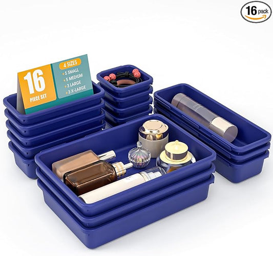 16 PCS Drawer Organizer Set, 4 Size Makeup Drawer Divider Organizer With Non-Slip Pads, Interlocking Plastic Storage Bins for Office,Jewelry Vanity,Gadgets, Bathroom,Kitchen, Navy by StoreHappily