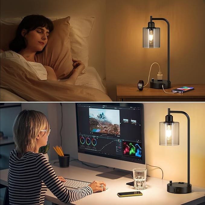 Industrial Desk Lamps for Office Set of 2 - Fully Dimmable Bedside Lamps with USB A C Ports and Outlet, Black Nightstand Lamps with Grey Glass Shade for Living Room, Table Lamps for Bedrooms Reading - Image 4