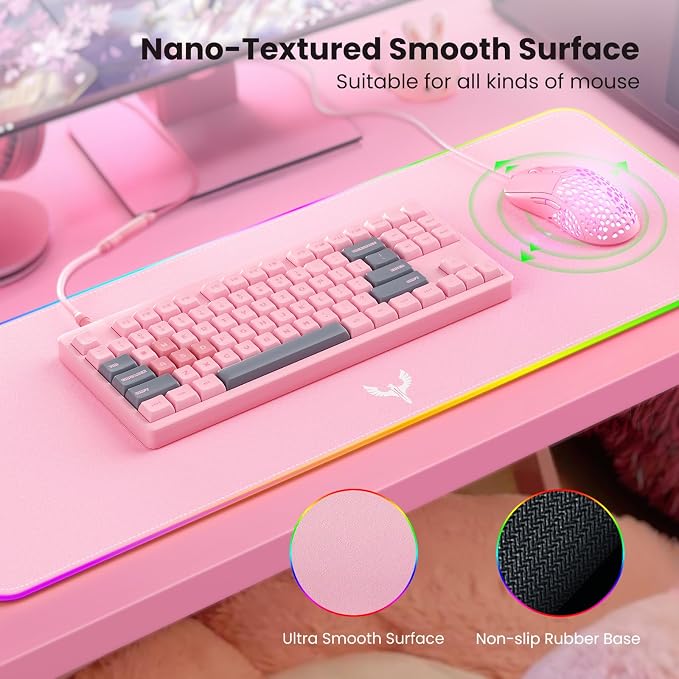 BladeHawks RGB Gaming Mouse Pad Extra Large Extended 31.5x12 Inch-Pink | LED mouse pad with 14 lighting modes, covers keyboard & mouse, anti-slip rubber base, waterproof surface, USB powered - Image 3