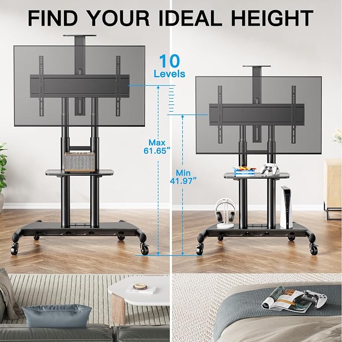 PERLESMITH Mobile TV Stand for 55-90 Inch Flat/Curved Screen TV Max VESA 800x500mm Outdoor TV Cart with Height Adjustable AV Shelf- UL Certificated Rolling Floor TV Stand Holds up to 200Lbs (PSTVMC07) - Image 6