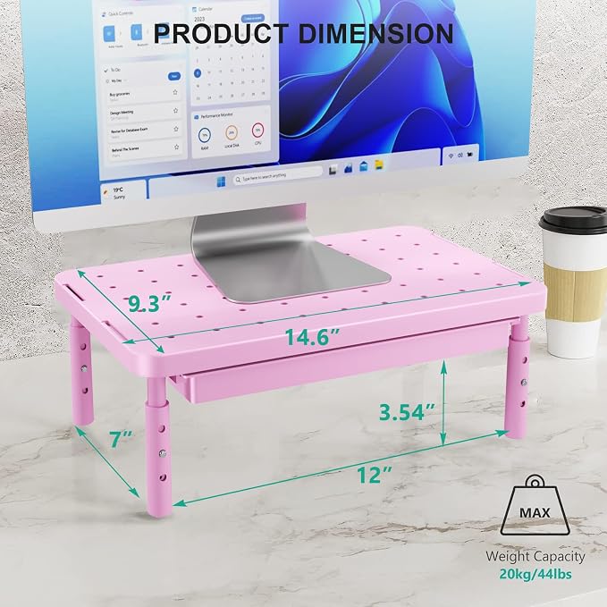 WALI Computer Monitor Stand with Storage, Desk Monitor Riser 3 Height Adjustable, Laptop Riser with Airflow Vents, Desk Organizer for Computer, Laptop, Printer (PTT002-P), 1 Pack, Pink - Image 6
