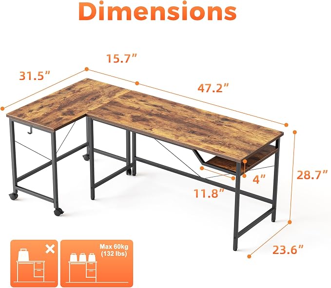 Mericonia 48 Inch Computer Desk & 32 Inch Small Rolling Desk, 2pcs | Simple Writing Table for Home Office Bedroom Work Study, Brown - Image 3