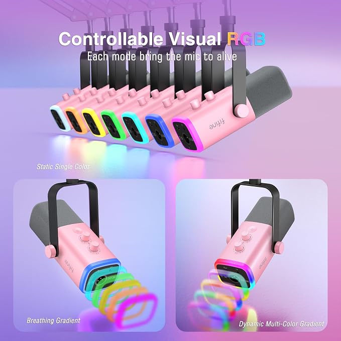 FIFINE AmpliGame AM8TP XLR Gaming Microphone USB PC Dynamic Mic Kit | Streaming RGB Mic with Headphone Jack, Mute Button, Boom Arm Stand for Computer/Mixer, for Vocal, Recording, Podcast, Pink - Image 5