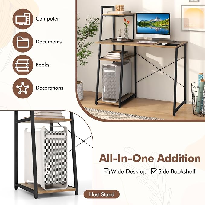 Giantex Computer Desk with Shelves, 47.5” Home Office Desk with Bookshelf, Host Stand, Metal Frame, PC Laptop Workstation, Modern Study Writing Desk for Bedroom, Small Space (Natural & Black) - Image 4