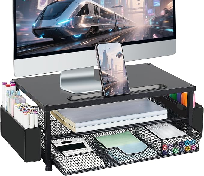 AUPSEN Wood Computer Monitor Stand Riser, 2-Tier Black Desk Organizer with Drawer, Pen Storage & Phone Holder ，Office Desk Accessories Desktop Organizer for Office Supplies by AUPSEN