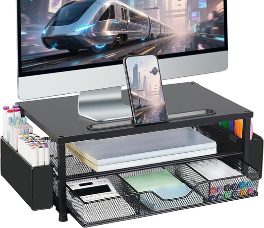 AUPSEN Wood Computer Monitor Stand Riser, 2-Tier Black Desk Organizer with Drawer, Pen Storage & Phone Holder ，Office Desk Accessories Desktop Organizer for Office Supplies by AUPSEN