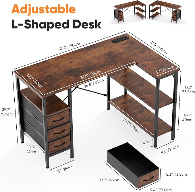 DUMOS L Shaped Desk with Drawers, Gaming Desk, 47 Inch | Power Outlet, Study Table, Adjustable Shelves, Home Office, Corner Computer Workstation, Bedroom, Brown - Image 3