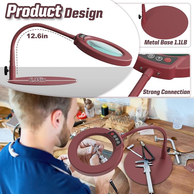 10X Magnifying Glass with Light and Stand, 5 Color Modes Stepless Dimmable LED Lighted Desk Lamp, Hands Free Flexible Gooseneck Magnifier with Light for Craft Hobby Painting Close Work - Red - Image 4