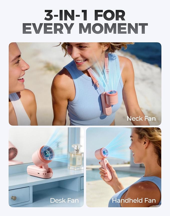 Diveblues Mini Handheld Fan, 30ft/s Portable Turbo Fan [12H Max Cooling], 4000mAh Personal Fan with LED Display, 3-in-1 Hand Held/Neck/Desk Fan for Travel, Cruise, Disney Essentials - Image 5