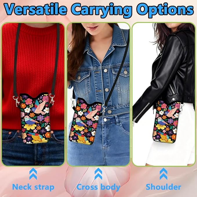 Floral Phone Pouch Phone Crossbody Sleeve Birds Colorful Nylon Neoprene Waterproof Cellphone Bag Case with Strap Neck Lanyard Protective Carrying Cover Fits Most Smartphones 7.1 x 3.9 Inch - Image 5