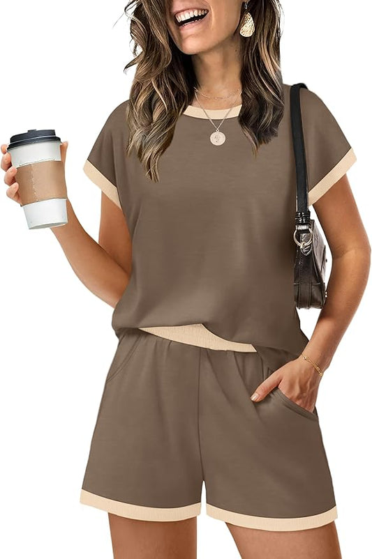 WIHOLL Two Piece Sets for Women Summer Lounge Short Sets Cap Sleeve Crew Neck Sweatsuit with Pocket XS-2XL by WIHOLL