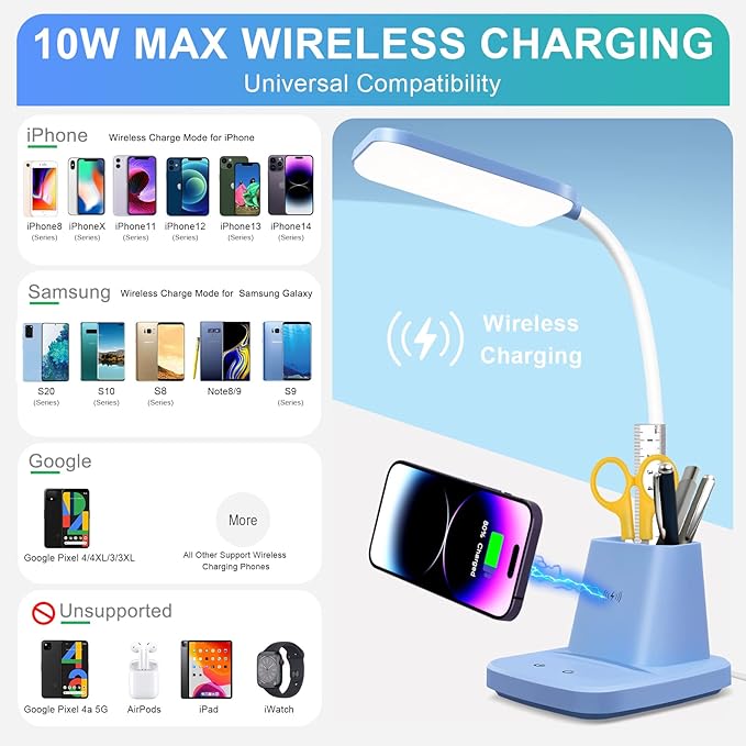 LED Desk Lamp with 10W Wireless Charging & Pen Holder, Blue | CRI 95, 800LM, Stepless Dimming, 3 Modes, 360°Flexible Arm, Touch, Study Table Lamp for Home Office, Dorm Room, with Adapter - Image 2