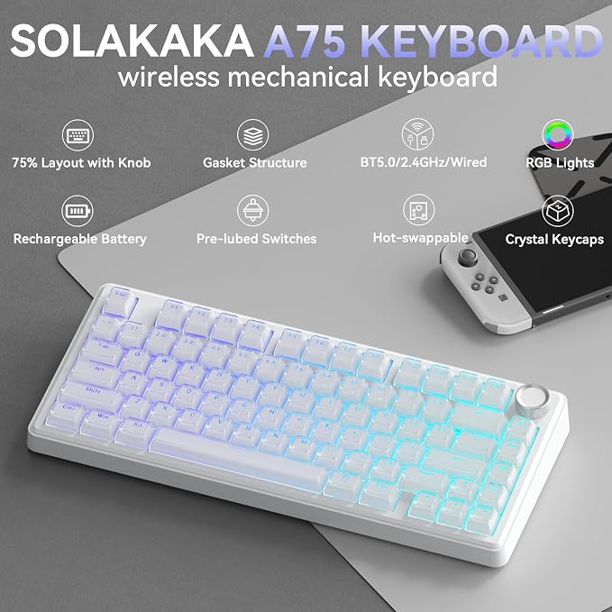 SOLAKAKA A75 Wireless Gaming Keyboard with Multifunction Knob, BT5.0/2.4GHz/USB-C, 75% Mechanical Keyboard, Hot-Swappable, Gasket Creamy Keyboard with RGB Backlit, Crystal Keycaps, for PC/Mac/PC - Image 2