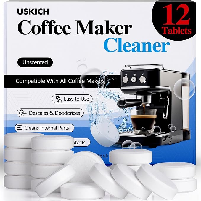 Coffee Machine Cleaner Descaler Tablets 12 Pack, Coffee Maker Cleaner for Keurig, Ninja, Breville, Delonghi, Nespresso, Miele,Espresso Machine Cleaning Tabs,Descaling Solution for Coffee Pot Maker by USKICH