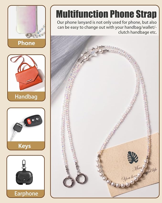 Phone Chain Crossbody Pearl Strap,Pearl Beaded Chain Shoulder Crossbody Lanyard with Phone Tether Patches Compatible with Most Phones Bag Purse - Image 4