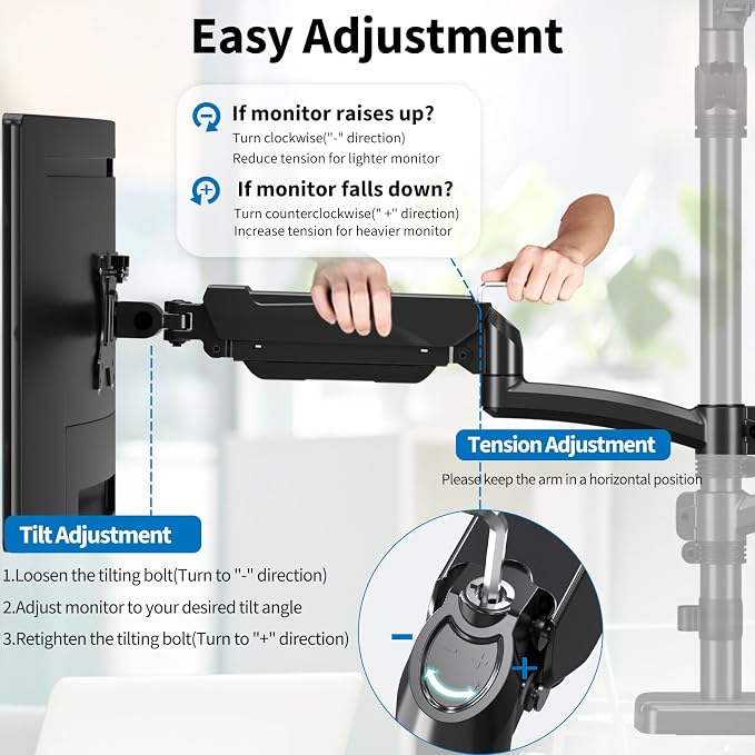 Triple Monitor Mount Fits Max 32" Computer Screen, Holds up to 17.6lbs Each Arm, 3 Monitor Desk Mount, Triple Stand with Tilt Swivel Rotation, VESA Mount 75/100mm - Image 6