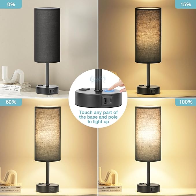 Fenmzee Black Bedside Lamp for Bedroom, Dimmable Touch, USB A+C, AC Outlet | 3-Way Dimmable, LED Bulb Included, USB C+A Charging Ports, Black Fabric Lampshade, Metal Base, 14in Small Table Lamp - Image 2