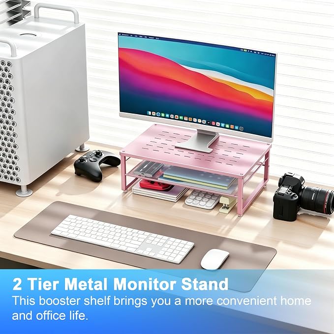 Gianotter 2-Tier Metal Monitor Stand Riser, Workspace Organizer with Desk Accessories, Office Storage for Supplies (Pink) - Image 2
