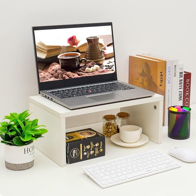 TEAMIX White Monitor Stand - 6.7 inch Tall, Wood Riser, Desk Organization | Laptop/Printer/Computer Stand, Extra Storage Underneath, Minimalist, Modern Design, Smooth White Finish, for Home Office - Image 2
