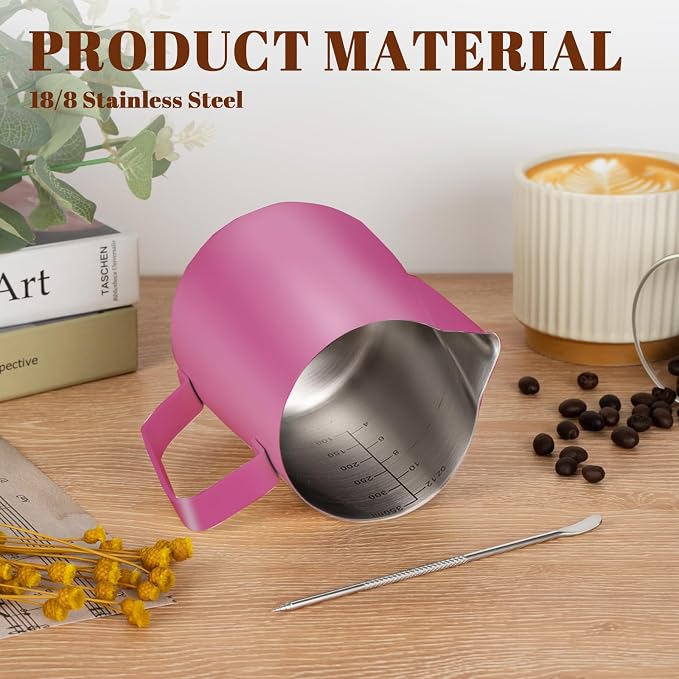Amrules Milk Frothing Pitcher, 12 oz Milk Frother Cup with Clear Scale, 304 Stainless Steel Cappuccino Espresso Machine Accessories for Barista Coffee Bar with Latte Art Pen, Rose Red - Image 5