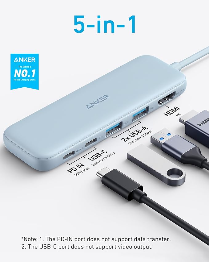 Anker USB C Hub, 5-in-1 USBC to HDMI Splitter with 4K Display | 85W Max PD, 1 Powered USB-C 5Gbps & 2 Powered USB-A 3.0 5Gbps Data Ports, for MacBook Pro, MacBook Air, Dell and More (Blue) - Image 2