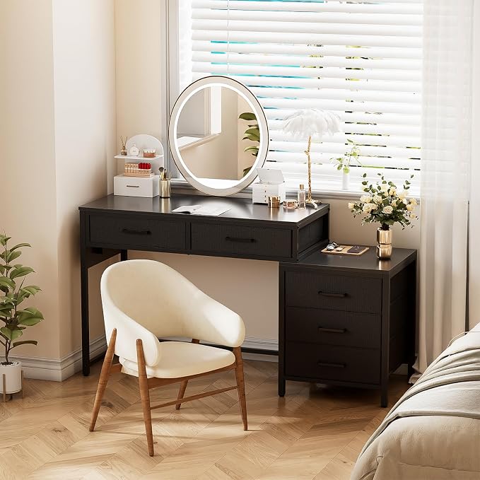 Unikito Reversible Computer Desk with 5 Drawers, Sturdy Office Desk with Power Outlets and USB Ports, Corner Writing Table with File Cabinet & Printer Stand, Vanity Desk with Storage, Black - Image 2
