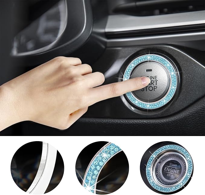Kewucn 2 PCS Bling Crystal Double Rhinestone Car Engine Start Decoration Ring, Sparkling Push Start Button Sticker, Key Ignition & Knob Ring Decoration, Bling Car Interior Accessory(Lake Blue) - Image 4