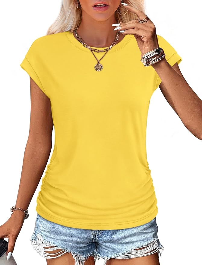 Sampeel Womens Summer Tops Trendy 2026 Ruched Cap Short Sleeve Tshirts Shirts Crew Neck T Shirts Fashion - Image 2