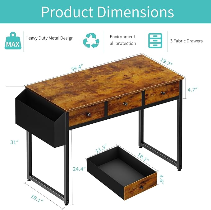 Lufeiya 40 Inch Desk with Drawers for Bedroom - 39 Inch Home Office Desks with 3 Fabric Storage Drawer and Pocket, Study Writing Table Rustic Computer Desk, Vintage Brown - Image 3