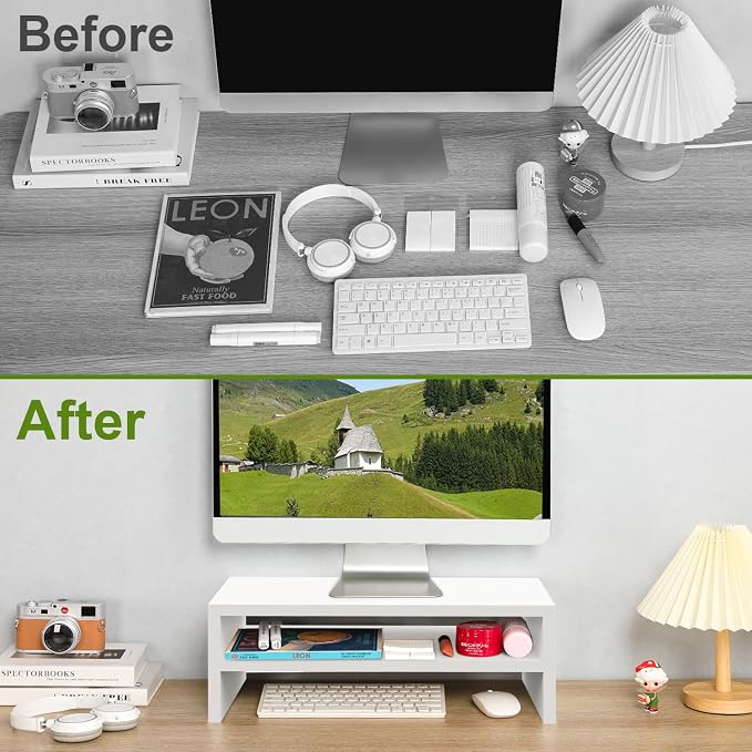 TEAMIX 20 inch White Monitor Riser Stand - 2 Tiers, Wood Desktop Bookshelf | Laptop/PC/Printer/Keyboard Storage, Ergonomic Design, 15mm thick Sturdy Wood Boards, TV Stand, Home Office Desk Accessories - Image 6