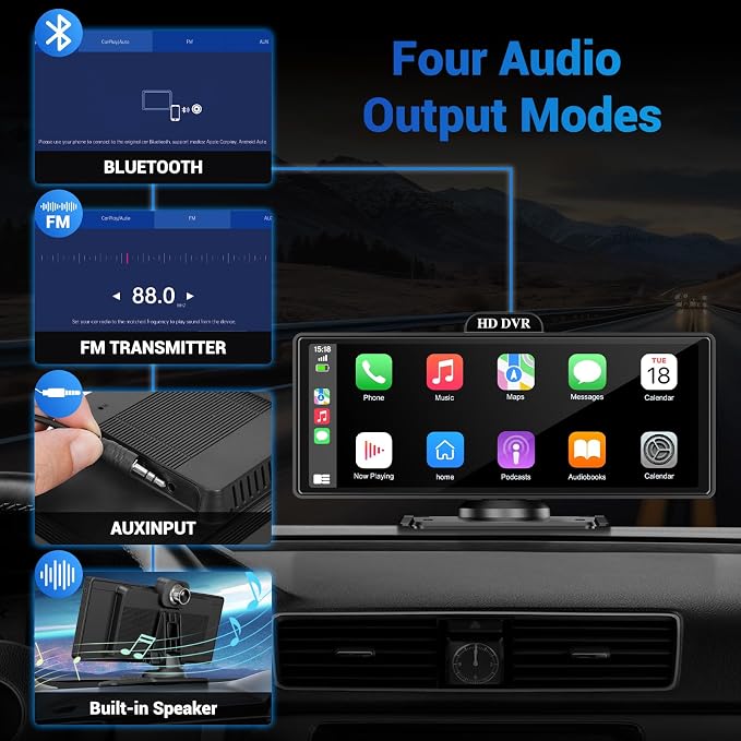 10.26" Wireless Apple Carplay Screen for Car with 4K Dash Cam | Apple Carplay & Android Auto, Touchscren with 1080p Backup Camera, Mirror Link/Voice Control/Music Play/GPS Navigation - Image 4