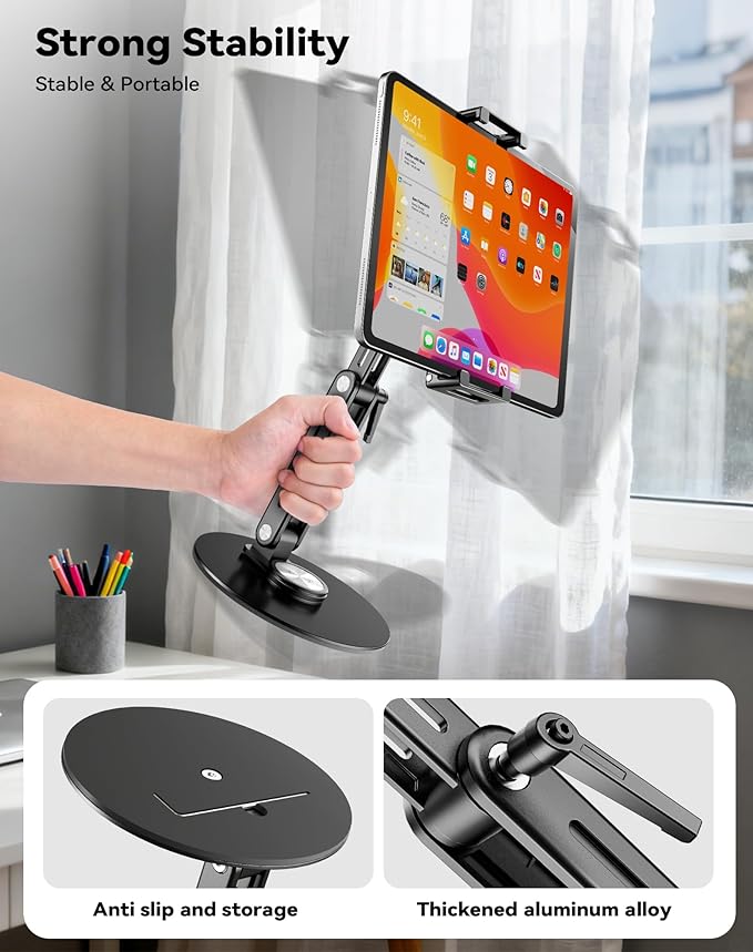 Portable Monitor Stand Large Clamp - Heavy Duty Aluminum Body Support up to 4.4LBS 16" 17.3" 18.5 inch 360° Rotating Base Swivel Foldable Desk Stand for iPad Holder Tablet Mount for Kitchen/Travel - Image 4
