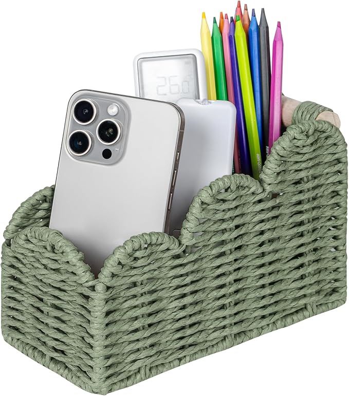 CubesLand Scalloped TV Remote Control Holder Bedside Candy Organizer, Office Desk Storage Organizer Accessories, Pen Pencil Cup, Makeup Brush Holder, Fits Farmhouse Rustic Decor, Earth Friendly, Green by CubesLand