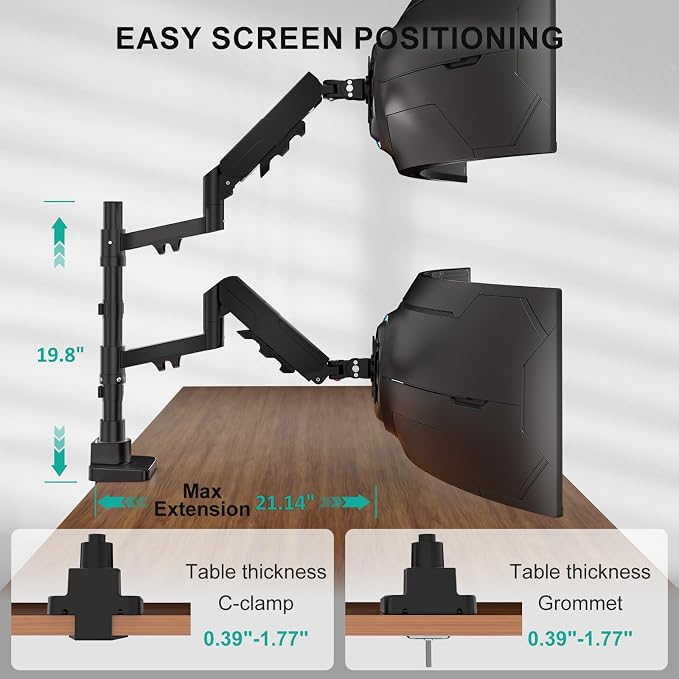 WALI Vertical Dual Monitor Mount for 17-49 inch Ultrawides Curved Screens, Heavy Duty Stacked Dual Monitor Stand for Desk, Adjustable Ultrawide Monitor Arm up to 33lbs, VESA Mount 75/100mm, Black - Image 4