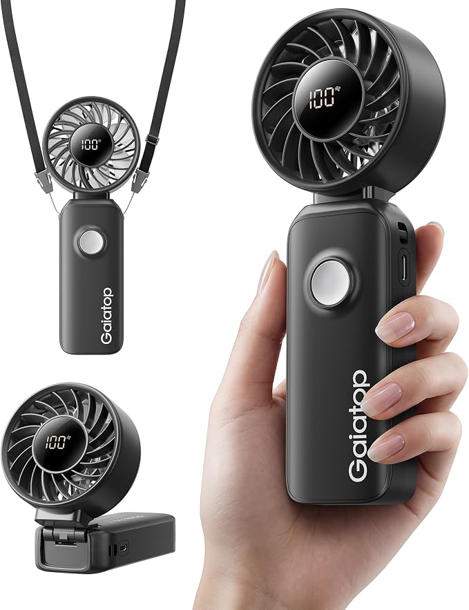 Gaiatop Portable Handheld Fan, 5 Speed Rechargeable Battery Max 18 Working Hours, 3 IN 1 Neck/Desk/Hand Fan Cooling for Travel, Beach, Women/Men Outdoor Activities Gifts - Black by GAIATOP