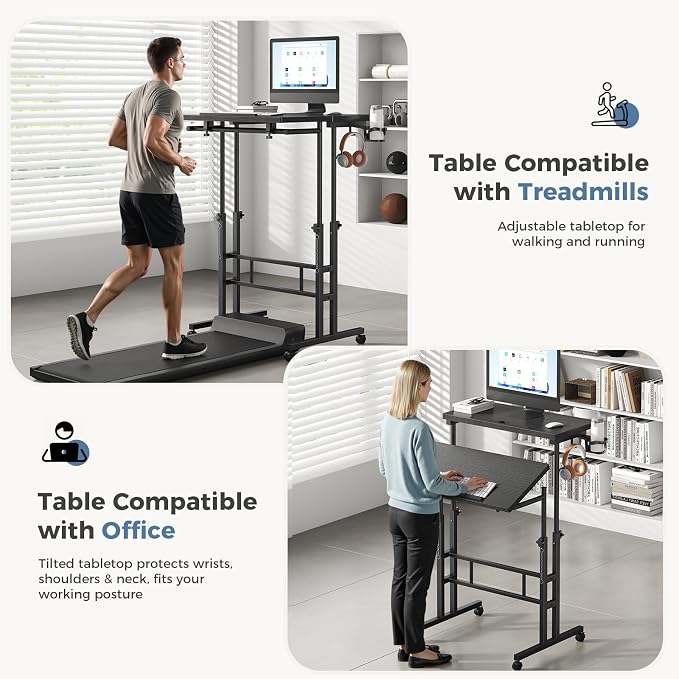 DUMOS Rolling Standing Desk, Sit Stand Desk, Computer Cart | 23.6 Inch Width, Height Adjustable, Split Top, Mobile Laptop Workstation, Office Table, Portable Design, Black - Image 5