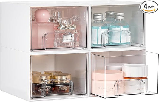 Vtopmart 4Pack Small Stackable Storage Drawers, Bathroom Makeup Organizer,Plastic Storage Bins for Vanity, Undersink, Kitchen Cabinets, Pantry, Home Organization(White) by Vtopmart