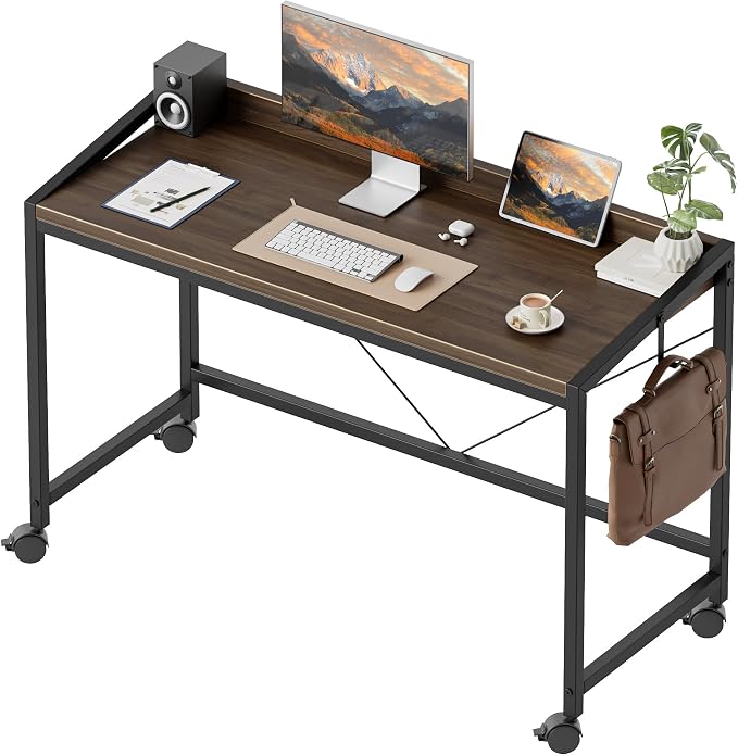 Mericonia 47x20 Inch Small Computer Desk with Wheels & Rear Lip | Simple Rolling Desk, Writing Table for Home Office Bedroom Work Study, Walnut by MERICONIA
