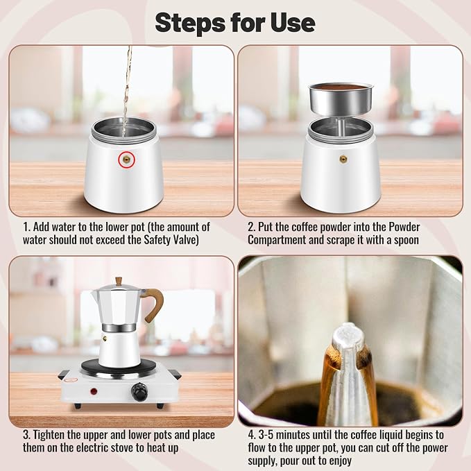 6 Cup Aluminum Moka Pot Classic Stovetop Espresso Coffee Maker 300ml 10oz Coffeemaker Percolator Mocha Express Preferred Cafe Makers for Italian and Cuban Café Brewing White - Image 8