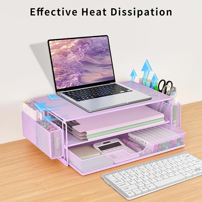 AUPSEN Computer Monitor Stands Riser，2-Tier Desk Organizers and Accessories, Office Desk Accessories Organizer with Drawers and 2 Pen Holder for Office Supplies (Purple) - Image 6