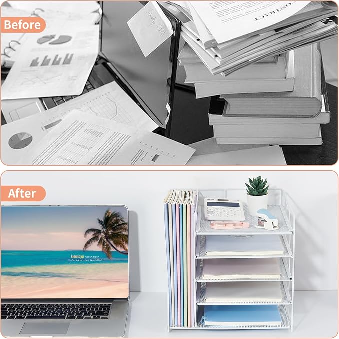 LEKETREE Desk Organizers and Accessories, 5-Tier Paper Letter Tray Organizer with File Holder, Desktop Organizer for Office Supplies (White) - Image 2