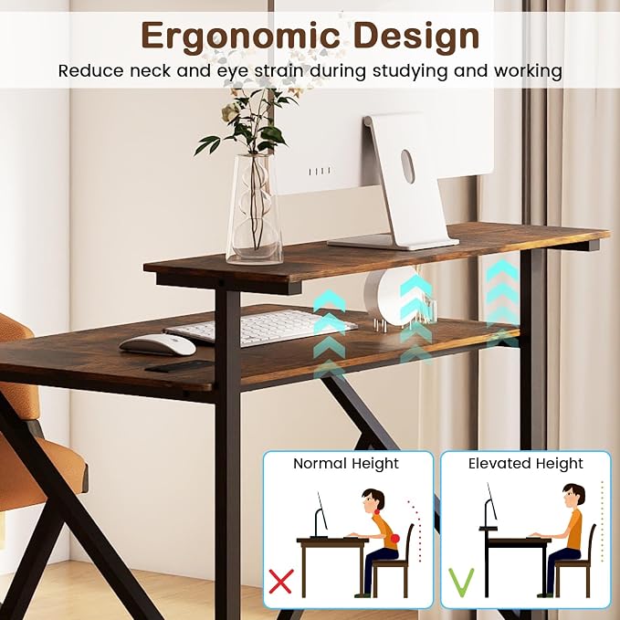 Giantex Rolling Small Desk with Storage, Compact Computer Desk for Small Spaces with Charging Station, Monitor Stand, Lockable Wheels, Study Writing Desk for Home Office, Bedroom (Rustic Brown) - Image 5