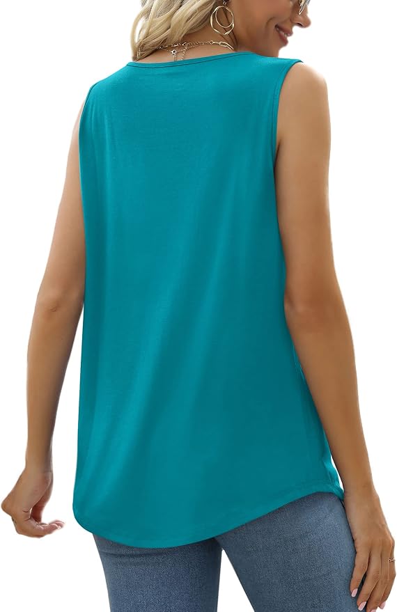 Saloogoe Summer Tank Tops for Women Loose Fit Pleated Square Neck Sleeveless Tops Curved Hem Flowy - Image 4