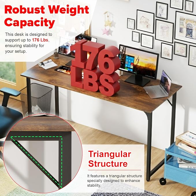 PayLessHere | 55 Inch Computer Desk | Vintage | Office Desk with Metal Frame, Adjustable Feet | Water-Resistant, Scratchproof Surface | Sturdy Writing Table for Home Office or Study | Pack of 1 - Image 6