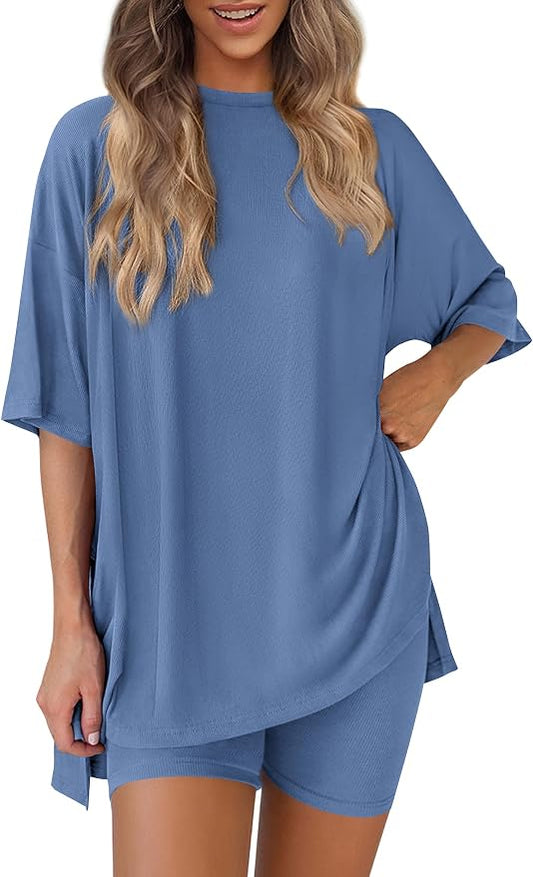 PRETTYGARDEN Women 2 Piece Lounge Set 2026 Summer Casual Oversized Shirts Biker Shorts Matching Airport Travel Outfit Clothes by PRETTYGARDEN