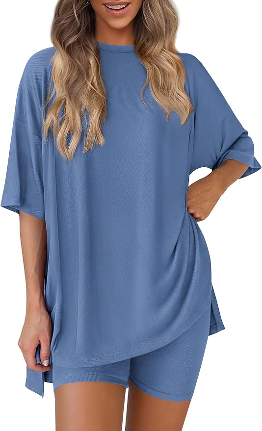 PRETTYGARDEN Women 2 Piece Lounge Set 2026 Summer Casual Oversized Shirts Biker Shorts Matching Airport Travel Outfit Clothes by PRETTYGARDEN